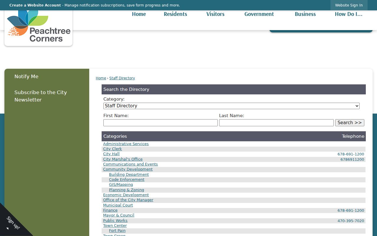 Peachtree Corners people directories city staff search page