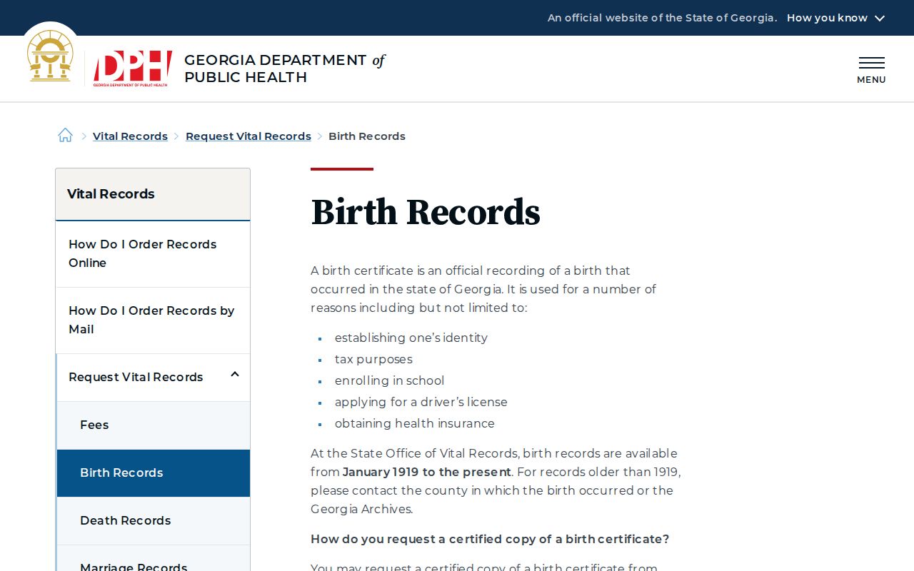 Peachtree Corners public records birth certificate request page